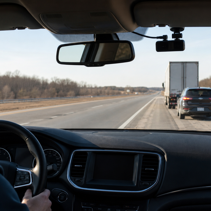 Interior highway view with a dash cam recording traffic and a semi truck ahead