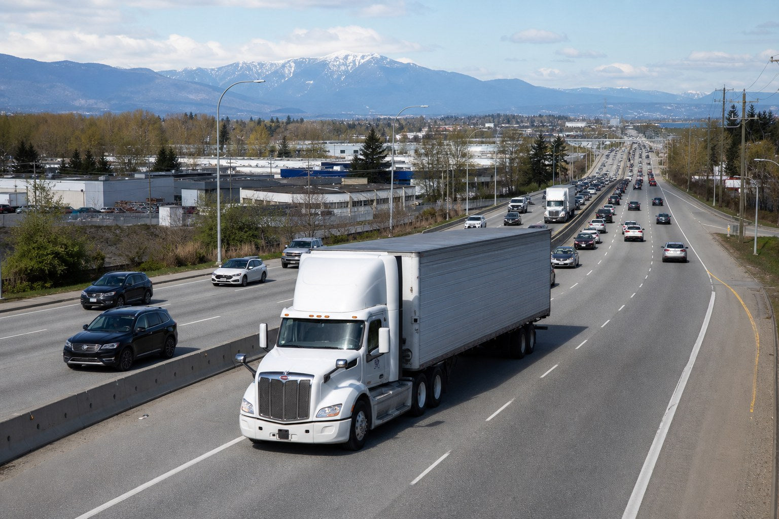Commercial semi-truck on a British Columbia style highway with mountain backdrop