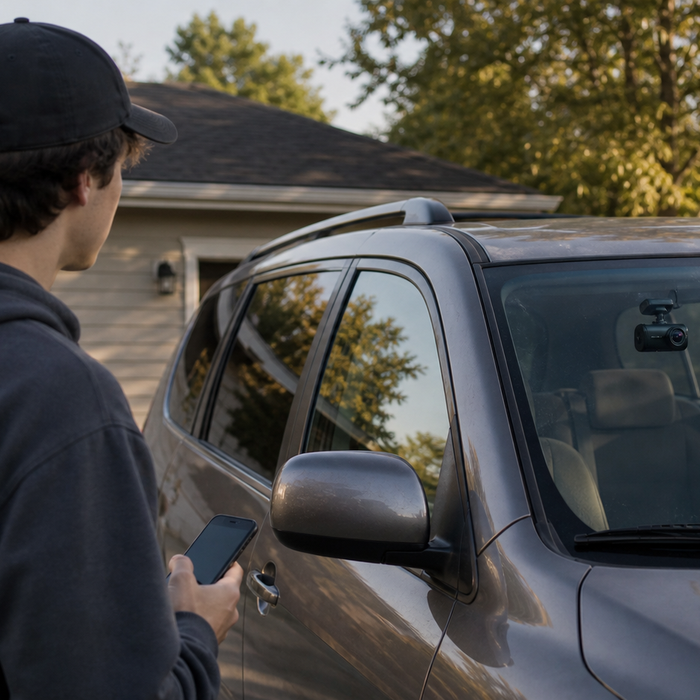 Original editorial image of a young driver beside a parked vehicle with a dash cam visible through the windshield
