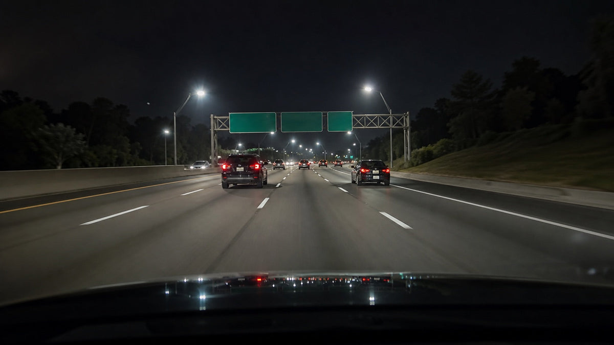 Night highway lanes recorded clearly during low-light driving