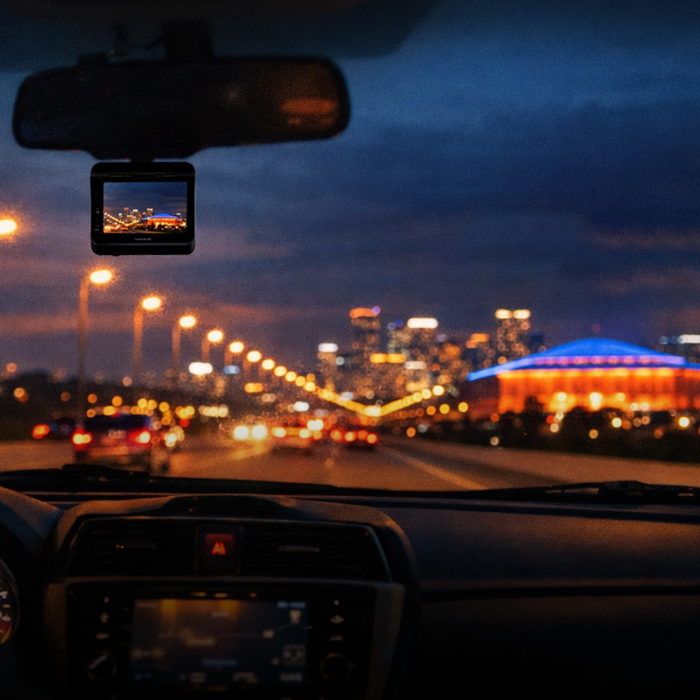 Night road trip through city traffic with dash cam protection