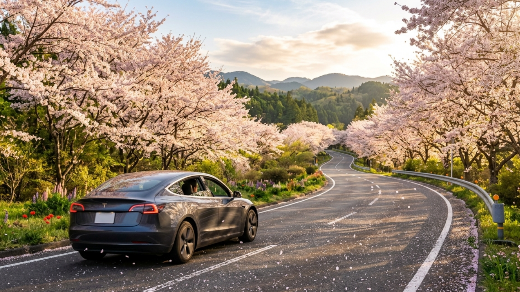 Car on a spring road trip after seasonal maintenance and dash cam checks