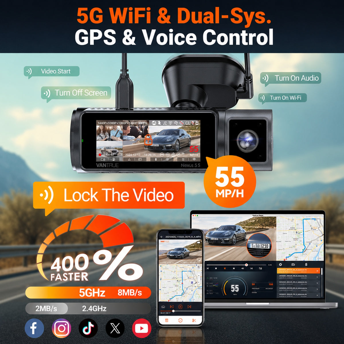 Vantrue Nexus 5S (N5S) 4-Channel 2K QHD Dash Cam with Sony STARVIS 2