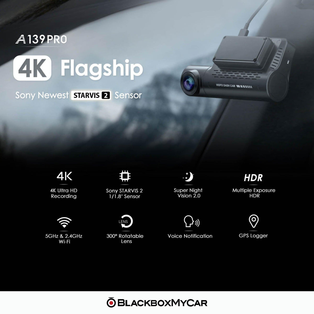 VIOFO A139 Pro 4K 3-Channel Dash Cam with GPS - Dash Cams - VIOFO A139 Pro 4K 3-Channel Dash Cam with GPS - 3-Channel, 4K UHD @ 30 FPS, Adhesive Mount, App Compatible, Bluetooth, CPL Filter, G-Sensor, GPS, Hardwire Install, Infrared (IR), Loop Recording, Mobile App, Mobile App Viewer, Night Vision, Parking Mode, Security, Super Capacitor, Wi-Fi - BlackboxMyCar Canada