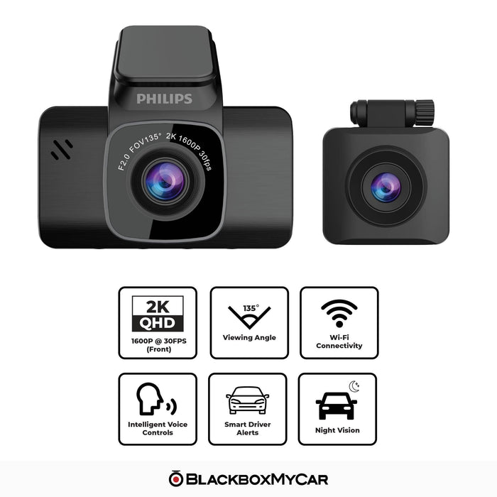 Philips GoSure GS5101D 2K QHD Dual-Channel Dash Cam - Dash Cams - {{ collection.title }} - 2-Channel, 2K QHD @ 30 FPS, Adhesive Mount, App Compatible, China, Dash Cams, G-Sensor, GPS, Hardwire Install, Loop Recording, Mobile App, Mobile App Viewer, Night Vision, Parking Mode, sale, Security, Super Capacitor, Voice Alerts, Wi-Fi - BlackboxMyCar Canada
