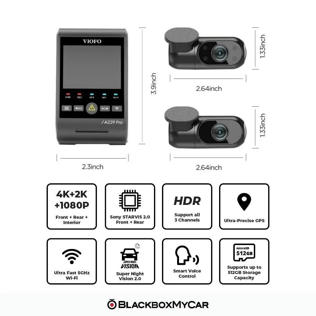 VIOFO A229 Pro 4K UHD 3-Channel Dash Cam - BlackboxMyCar Canada
