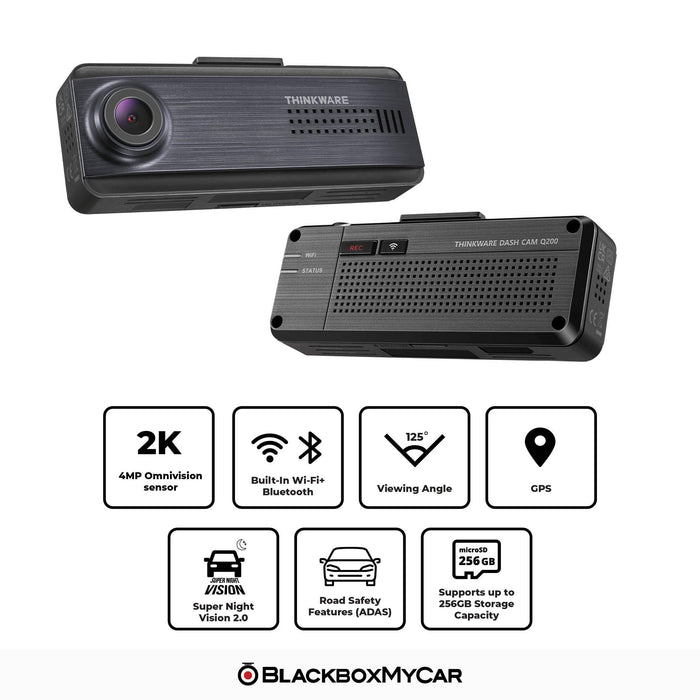 Thinkware Q200 1-Channel 2K QHD Dash Cam - Dash Cams - {{ collection.title }} - 1-Channel, 12V Plug-and-Play, 256GB, 2K QHD @ 30 FPS, ADAS, Adhesive Mount, App Compatible, Camera Alerts, Dash Cams, Desktop Viewer, G-Sensor, GPS, Hardwire Install, Loop Recording, Mobile App, Mobile App Viewer, Night Vision, OBD Plug-and-Play, Rear Camera, Security, South Korea, Super Capacitor, Wi-Fi - BlackboxMyCar Canada