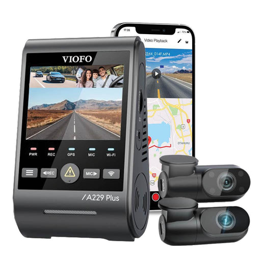 VIOFO A229 Plus 2K QHD 3-Channel Dash Cam - Dash Cams - {{ collection.title }} - 12V Plug-and-Play, 256GB, 2K QHD @ 60 FPS, 3-Channel, Adhesive Mount, App Compatible, China, Dash Cams, Display Screen, G-Sensor, GPS, Hardwire Install, Loop Recording, Mobile App, Mobile App Viewer, Night Vision, Parking Mode, Pre-Order, sale, Security, Super Capacitor, Wi-Fi - BlackboxMyCar Canada