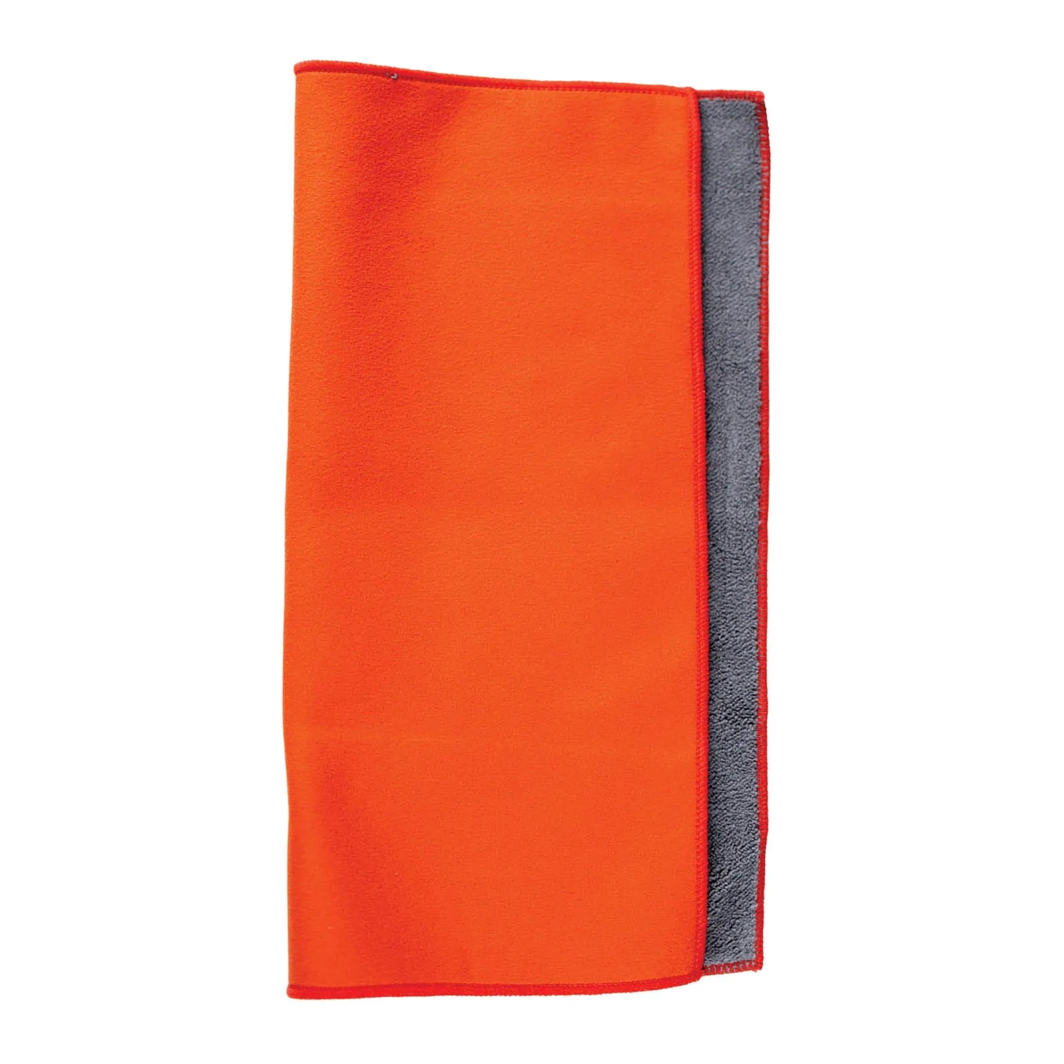 Folded red-orange microfibre cloth with a contrasting grey reverse