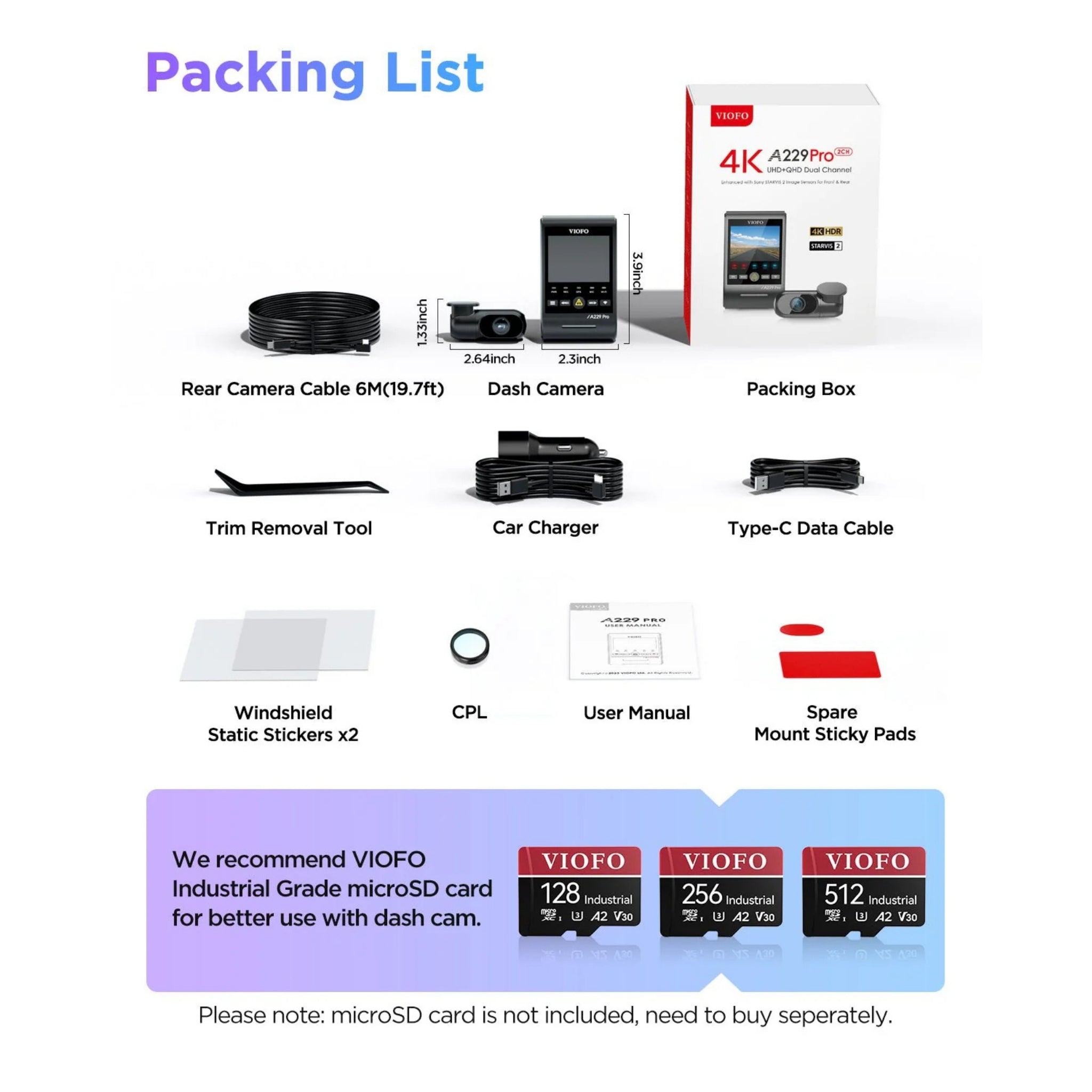 VIOFO A229 Pro 2-Channel 4K HDR Dash Cam - Front & Rear