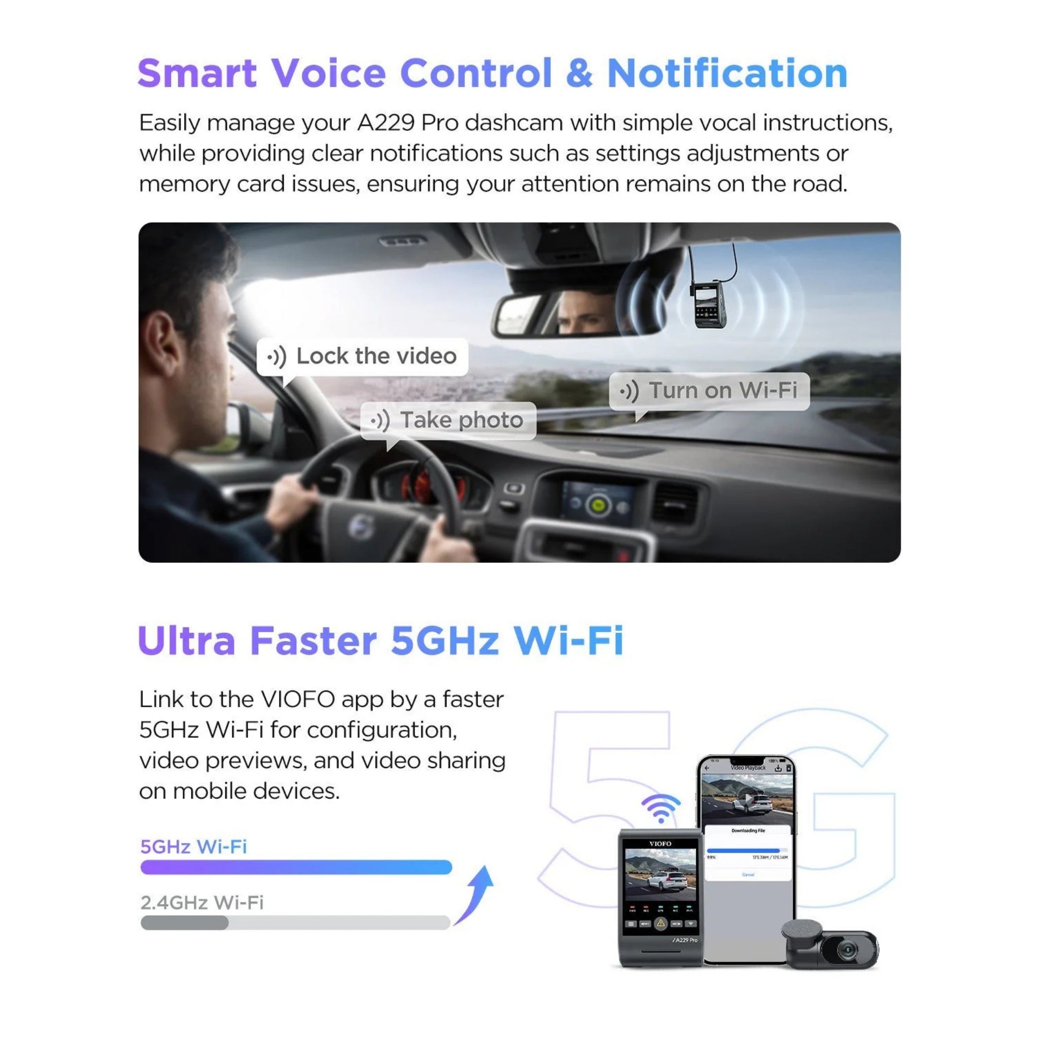 VIOFO A229 Pro 2-Channel 4K HDR Dash Cam - Front & Rear