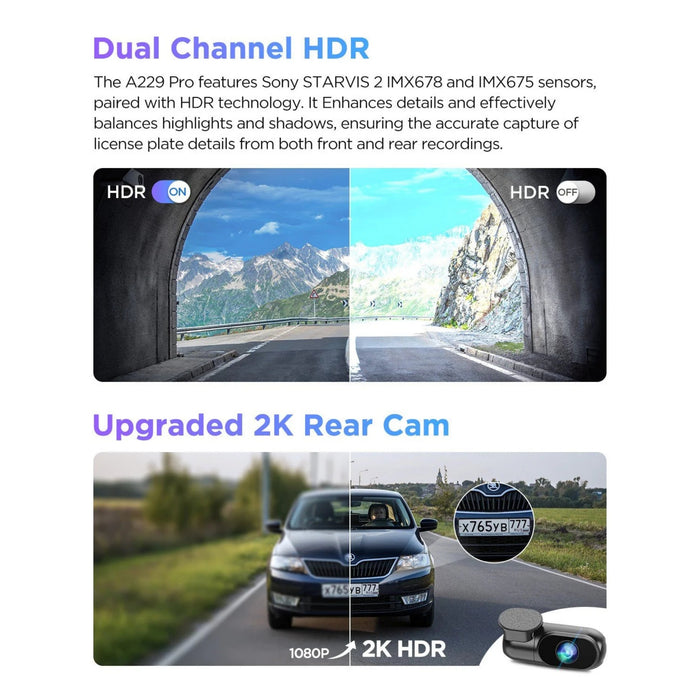 VIOFO A229 Pro 2-Channel 4K HDR Sony STARVIS 2 Front and Rear Dash Cam