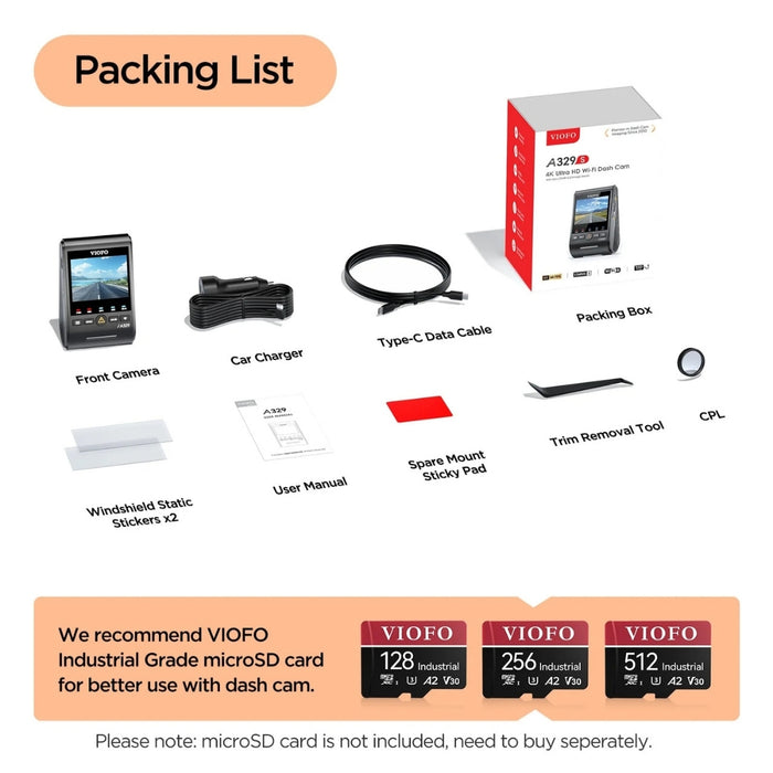 Caméra embarquée VIOFO A329S 4K UHD 1 canal 60 images par seconde Wi-Fi 6 