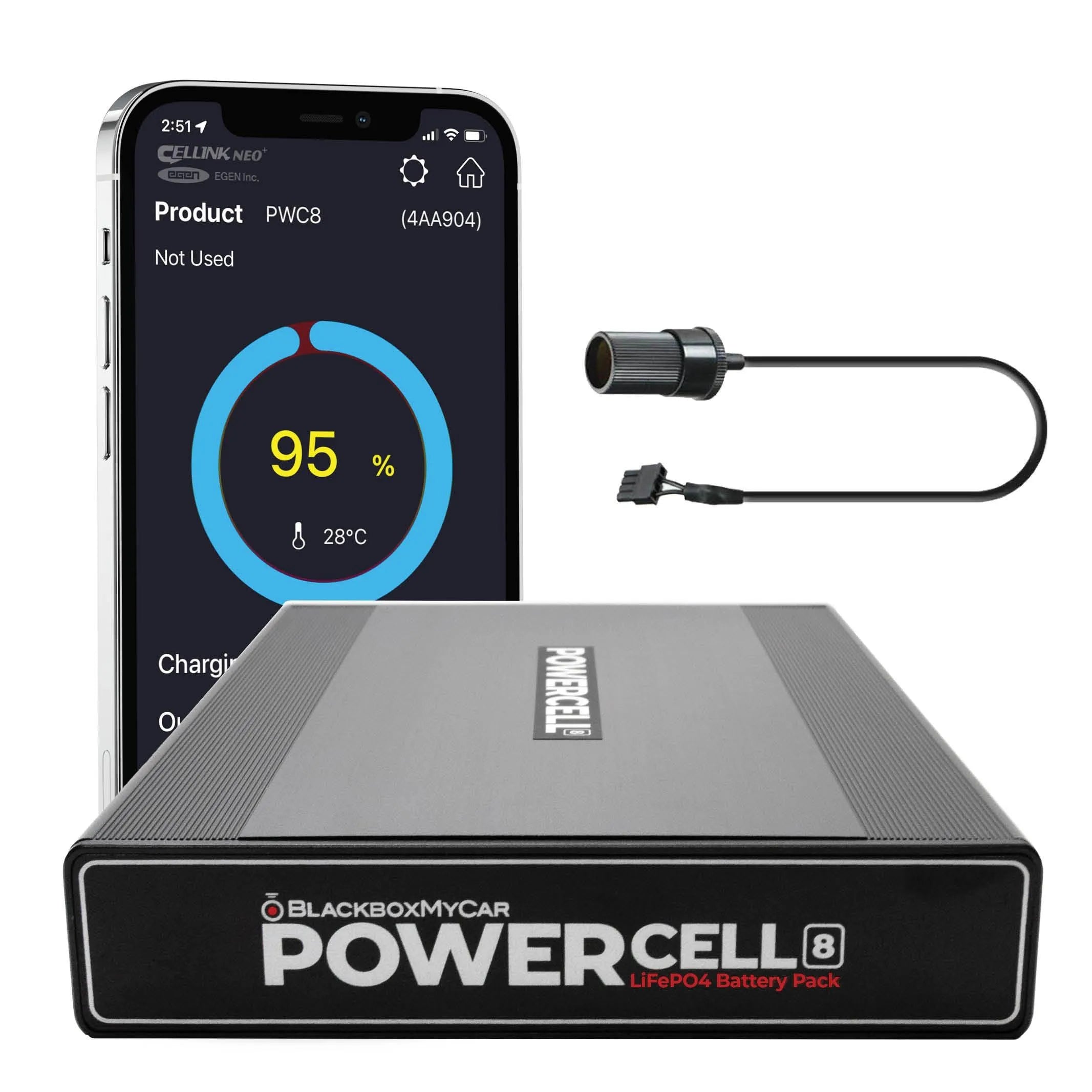 PowerCell 8 pack with a phone status display and socket cable