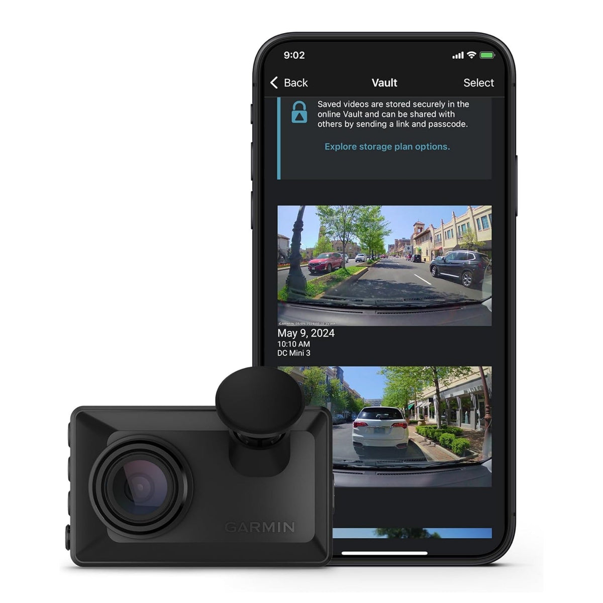 Garmin Dash Cam X110 primary product image with Garmin Drive app preview