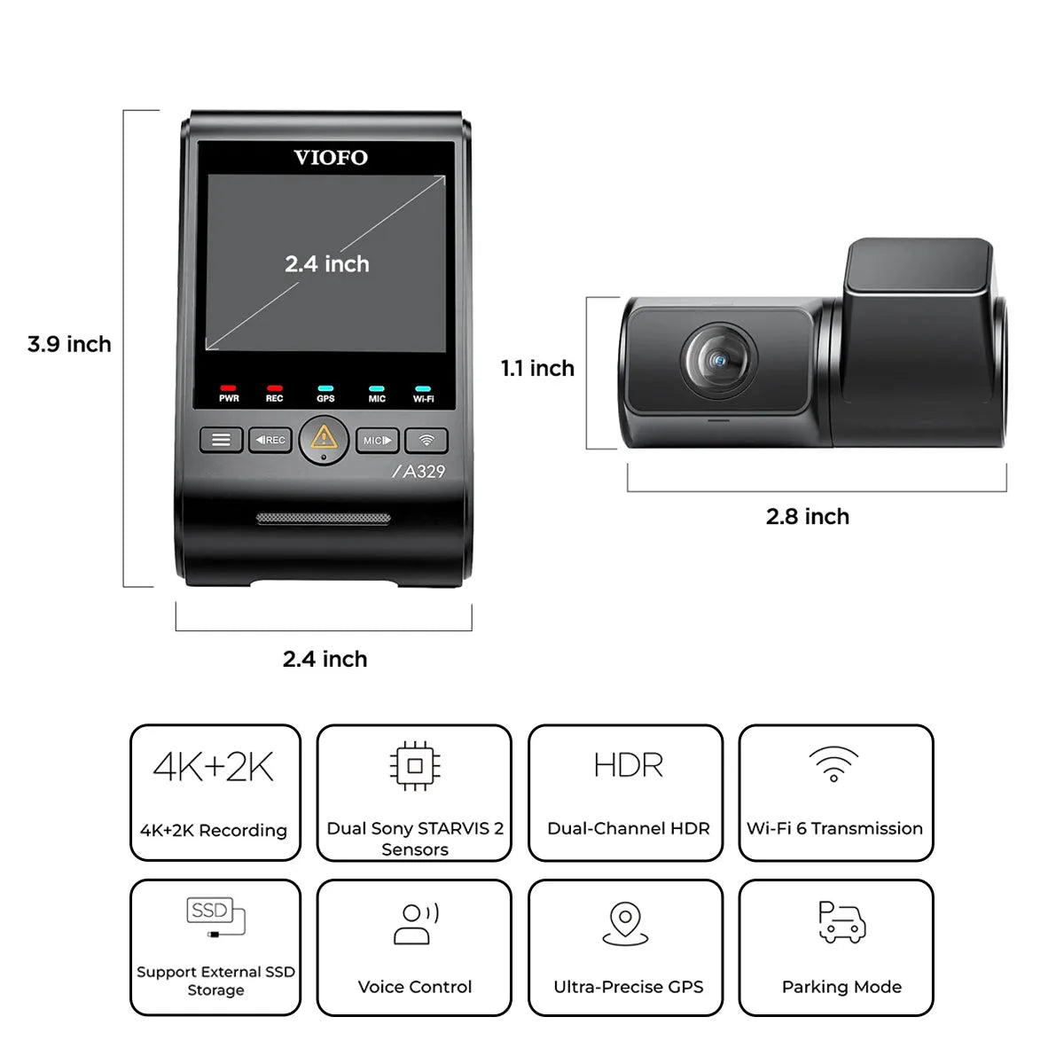 [REFURBISHED] VIOFO A329 4K UHD 2-Channel 60FPS Wi-Fi 6 Dash Cam