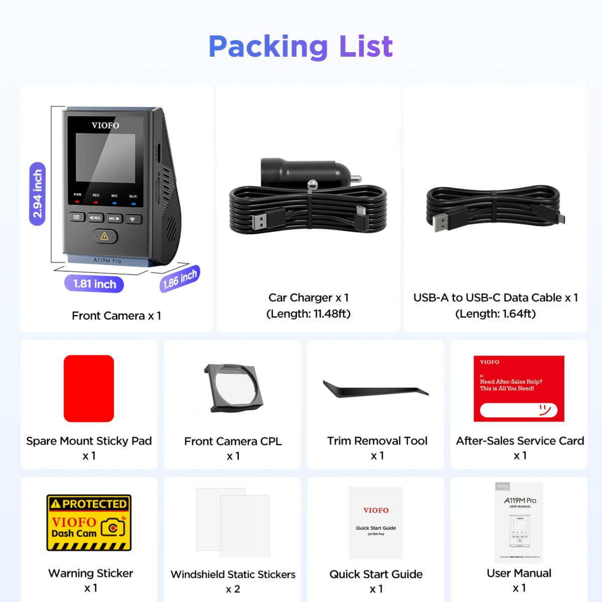 VIOFO A119M Pro camera and included accessories