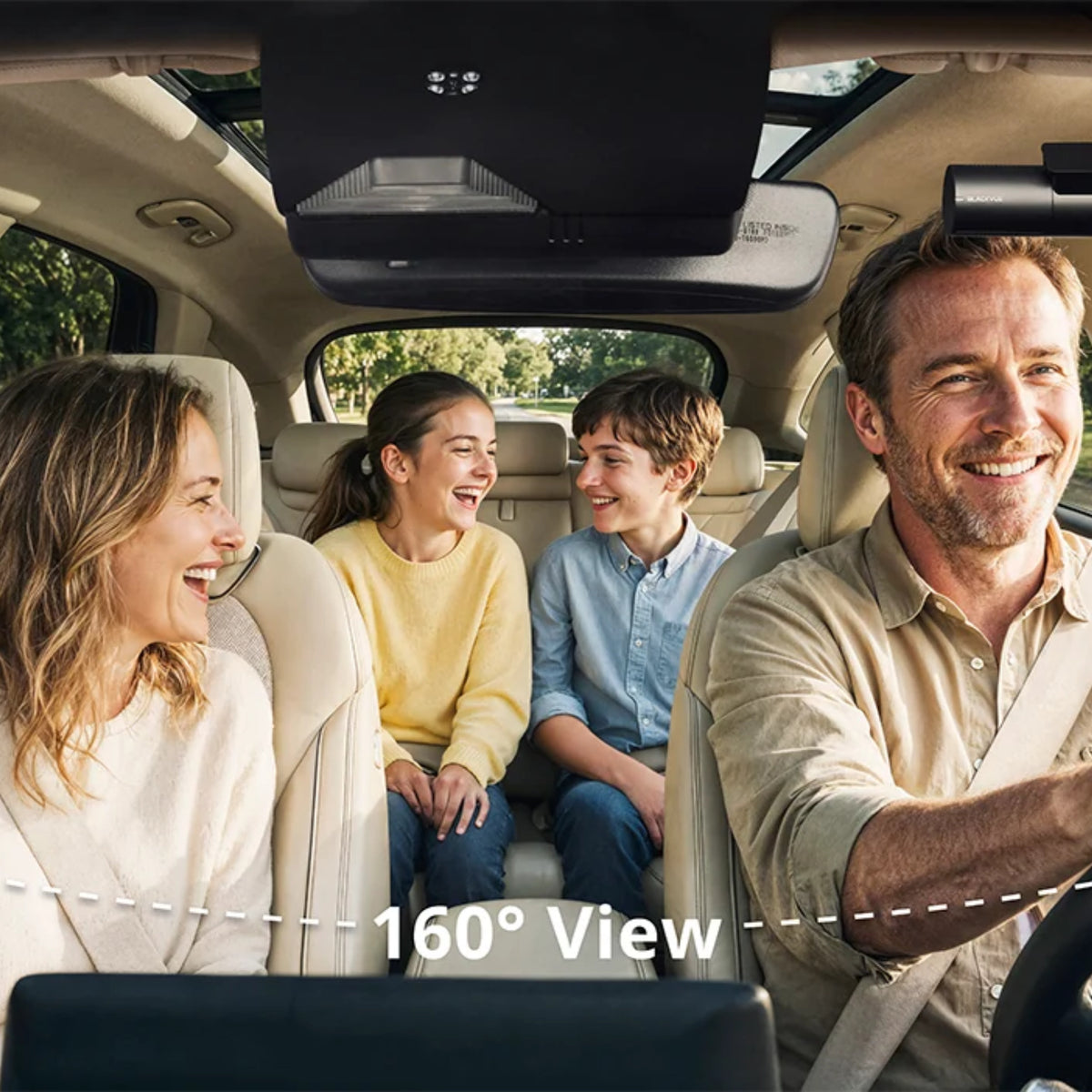 Family inside a vehicle with an illustrated 160-degree interior camera view