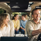 Family inside a vehicle with an illustrated 160-degree interior camera view