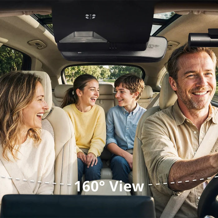 Family inside a vehicle with an illustrated 160-degree interior camera view