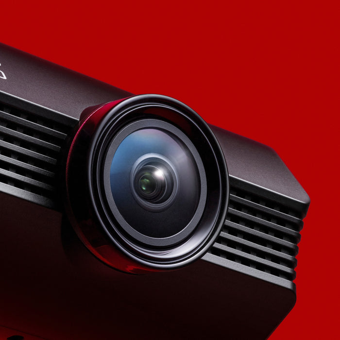 Manufacturer close-up rendering of a camera lens on a red background