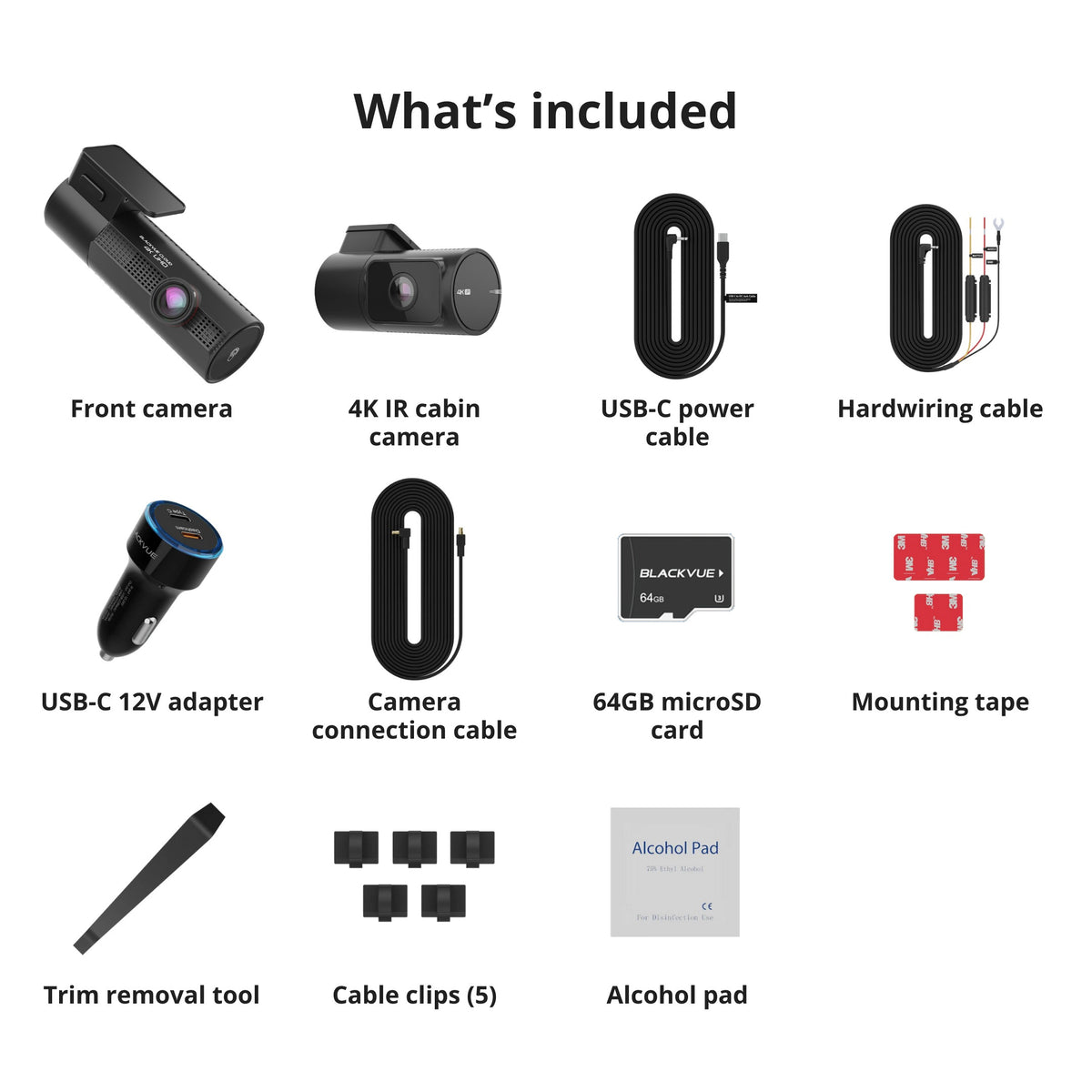 BlackVue Elite 10 Cabin kit with both cameras, 64GB card, power and connection cables, adapter and mounting accessories
