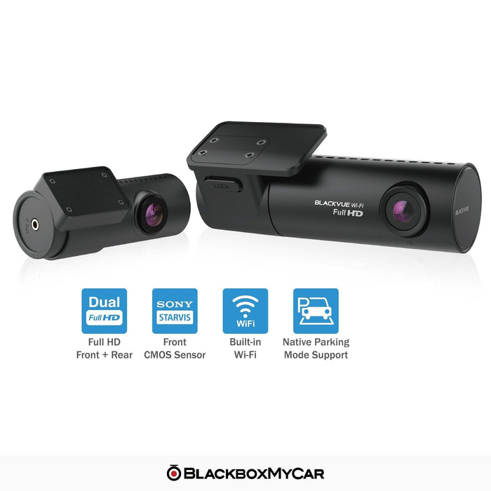 BlackVue DR590X-2CH Full HD Dash Cam - Dash Cams - BlackVue DR590X-2CH Full HD Dash Cam - 1080p Full HD @ 30 FPS, 12V Plug-and-Play, 2-Channel, 256GB, Adhesive Mount, Bluetooth, Desktop Viewer, G-Sensor, Hardwire Install, Loop Recording, Mobile App, Mobile App Viewer, Night Vision, Parking Mode, Rear Camera, Security, South Korea, Wi-Fi - BlackboxMyCar Canada