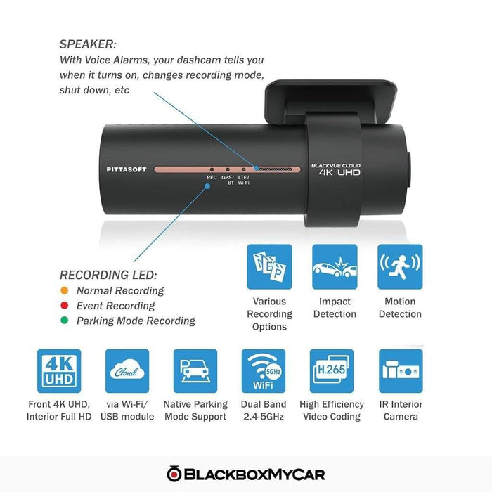 BlackVue DR900X-2CH 4K Dual-Channel Cloud Dash Cam - Dash Cams - BlackVue DR900X-2CH 4K Dual-Channel Cloud Dash Cam - 2-Channel, 4K UHD @ 30 FPS, Adhesive Mount, Cloud, Desktop Viewer, G-Sensor, GPS, Loop Recording, LTE, Mobile App, Mobile App Viewer, Night Vision, Parking Mode, Rear Camera, South Korea, Wi-Fi - BlackboxMyCar Canada