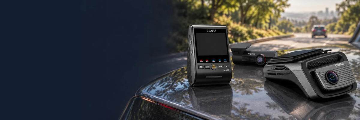 VIOFO A329, BlackVue Elite 10, and Thinkware U3000 Pro dash cams on a car hood