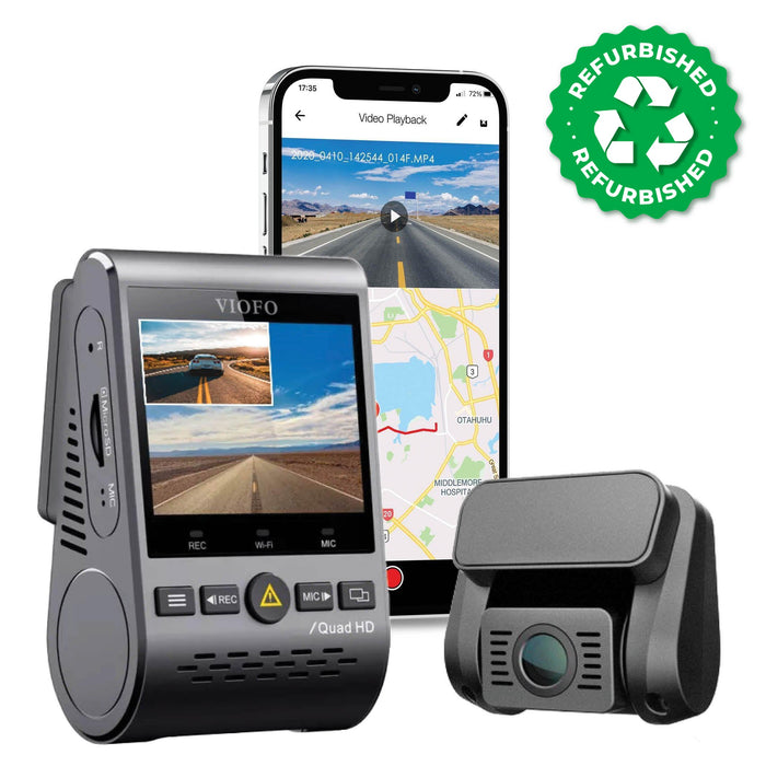 [REFURBISHED] VIOFO A129 Plus Duo 2K QHD 2-Channel Dash Cam with GPS - Dash Cams - {{ collection.title }} - 12V Plug-and-Play, 2-Channel, 256GB, 2K QHD @ 30 FPS, 2K QHD @ 60 FPS, Adhesive Mount, App Compatible, China, Dash Cams, Display Screen, G-Sensor, GPS, Hardwire Install, Loop Recording, Mobile App, Mobile App Viewer, Night Vision, Parking Mode, Rear Camera, sale, Security, Super Capacitor, Wi-Fi - BlackboxMyCar Canada