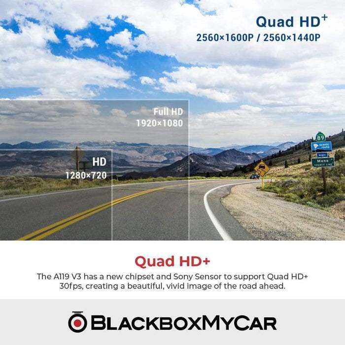 VIOFO A119 V3 QHD+ Dash Cam - Dash Cams - VIOFO A119 V3 QHD+ Dash Cam - 1-Channel, 12V Plug-and-Play, 256GB, 2K QHD @ 30 FPS, Adhesive Mount, China, Display Screen, G-Sensor, GPS, Hardwire Install, Loop Recording, Night Vision, Parking Mode, Security, Super Capacitor - BlackboxMyCar Canada