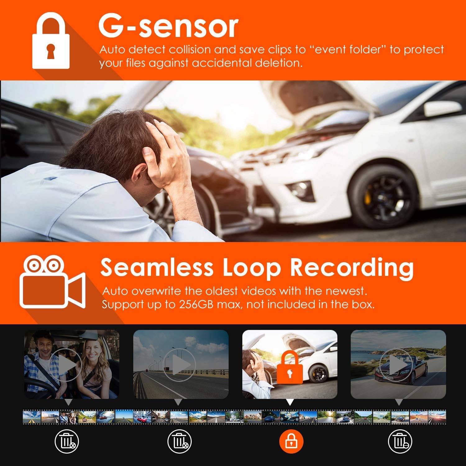 Vantrue N4 Pro G-sensor and loop recording features