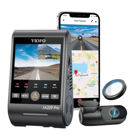 VIOFO A229 Pro Duo 4K UHD 2-Channel Dash Cam - Dash Cams - {{ collection.title }} - 12V Plug-and-Play, 2-Channel, 256GB, 4K UHD @ 30 FPS, Adhesive Mount, App Compatible, China, Dash Cams, Display Screen, G-Sensor, GPS, Hardwire Install, Loop Recording, Mobile App, Mobile App Viewer, Night Vision, Parking Mode, Pre-Order, sale, Security, Super Capacitor, Wi-Fi - BlackboxMyCar Canada