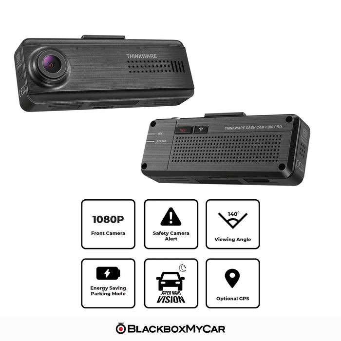 Thinkware F200 PRO Dual-Channel IR (Cabin View) Dash Cam - Dash Cams - Thinkware F200 PRO Dual-Channel IR (Cabin View) Dash Cam - 1080p Full HD @ 30 FPS, 128GB, 12V Plug-and-Play, 16GB, 2-Channel, ADAS, Adhesive Mount, App Compatible, Camera Alerts, CPL Filter, Desktop Viewer, G-Sensor, GPS, Hardwire Install, Infrared (IR), Loop Recording, Mobile App, Mobile App Viewer, Night Vision, OBD Plug-and-Play, Parking Mode, Security, South Korea, Super Capacitor, Wi-Fi - BlackboxMyCar Canada