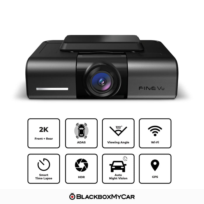 FineVu GX1000 2K QHD Dual-Channel Dash Cam - Dash Cams - FineVu GX1000 2K QHD Dual-Channel Dash Cam - 128GB, 2-Channel, 2K QHD @ 30 FPS, Adhesive Mount, App Compatible, Desktop Viewer, G-Sensor, GPS, Hardwire Install, Loop Recording, Mobile App, Mobile App Viewer, Night Vision, Parking Mode, sale, Security, South Korea, Super Capacitor, Voice Alerts, Wi-Fi - BlackboxMyCar Canada