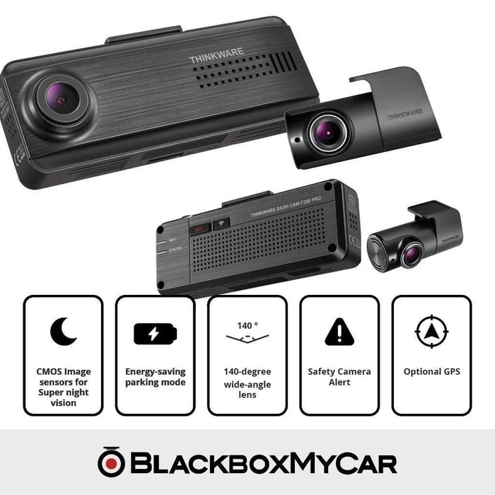 Thinkware F200 PRO Single Channel Full HD WiFi Dash Cam - Dash Cams - Thinkware F200 PRO Single Channel Full HD WiFi Dash Cam - 1-Channel, 1080p Full HD @ 30 FPS, 128GB, 12V Plug-and-Play, 16GB, ADAS, Adhesive Mount, App Compatible, Camera Alerts, Desktop Viewer, G-Sensor, GPS, Hardwire Install, Loop Recording, Mobile App, Mobile App Viewer, Night Vision, OBD Plug-and-Play, Rear Camera, Security, South Korea, Super Capacitor, Wi-Fi - BlackboxMyCar Canada