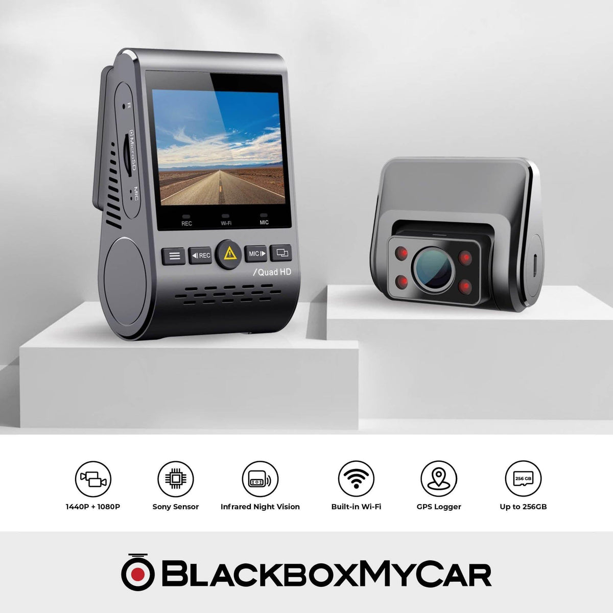 VIOFO A129 Plus Duo IR (Cabin View) Dash Cam - Dash Cams - VIOFO A129 Plus Duo IR (Cabin View) Dash Cam - 1080p Full HD @ 30 FPS, 12V Plug-and-Play, 2-Channel, 256GB, Adhesive Mount, App Compatible, China, Display Screen, G-Sensor, GPS, Hardwire Install, Infrared (IR), Loop Recording, Mobile App, Mobile App Viewer, Night Vision, Parking Mode, Security, Super Capacitor, Wi-Fi - BlackboxMyCar Canada